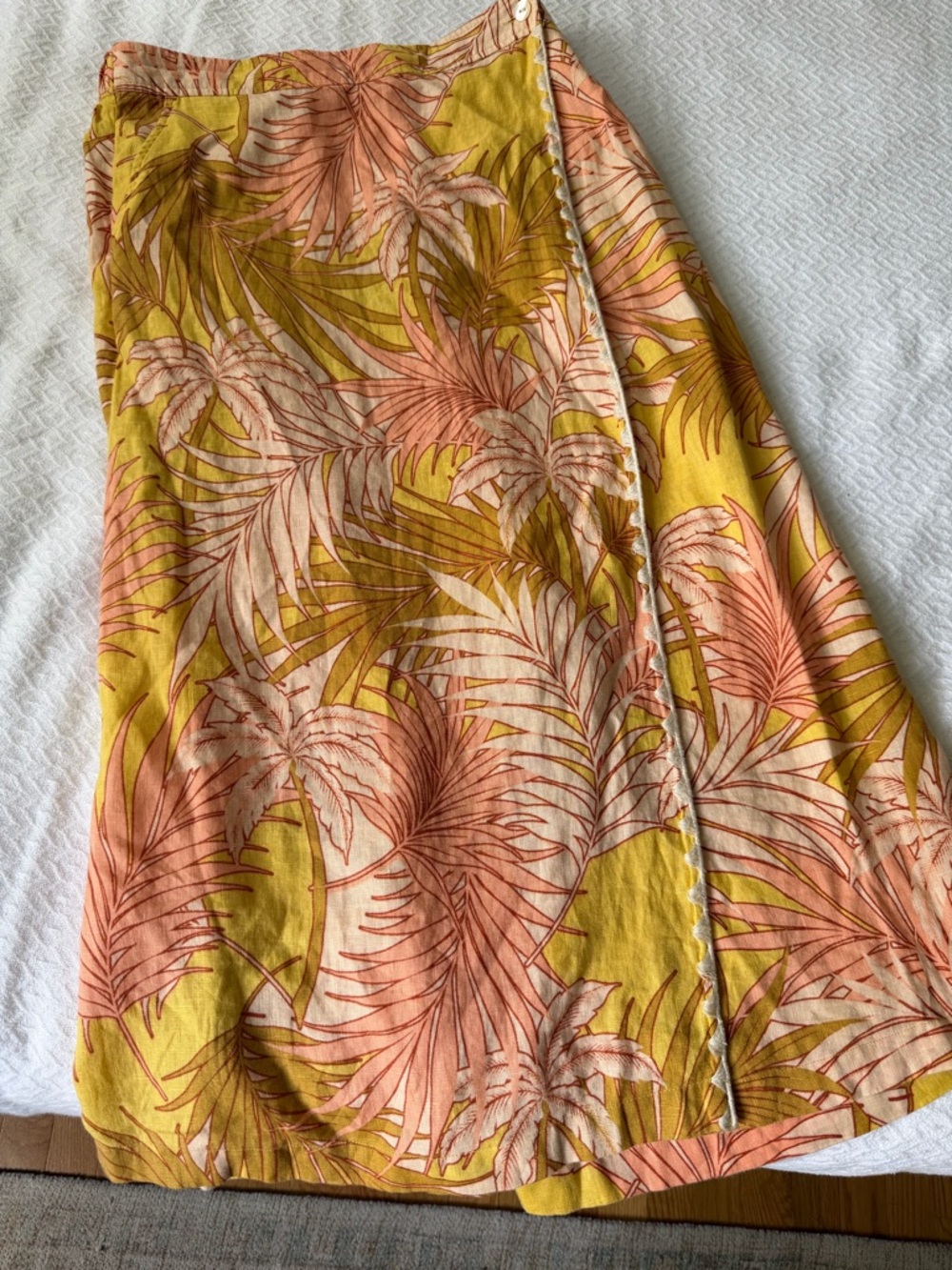 Tahari Palm-Print Wrap Midi Skirt in Mustard & Peach